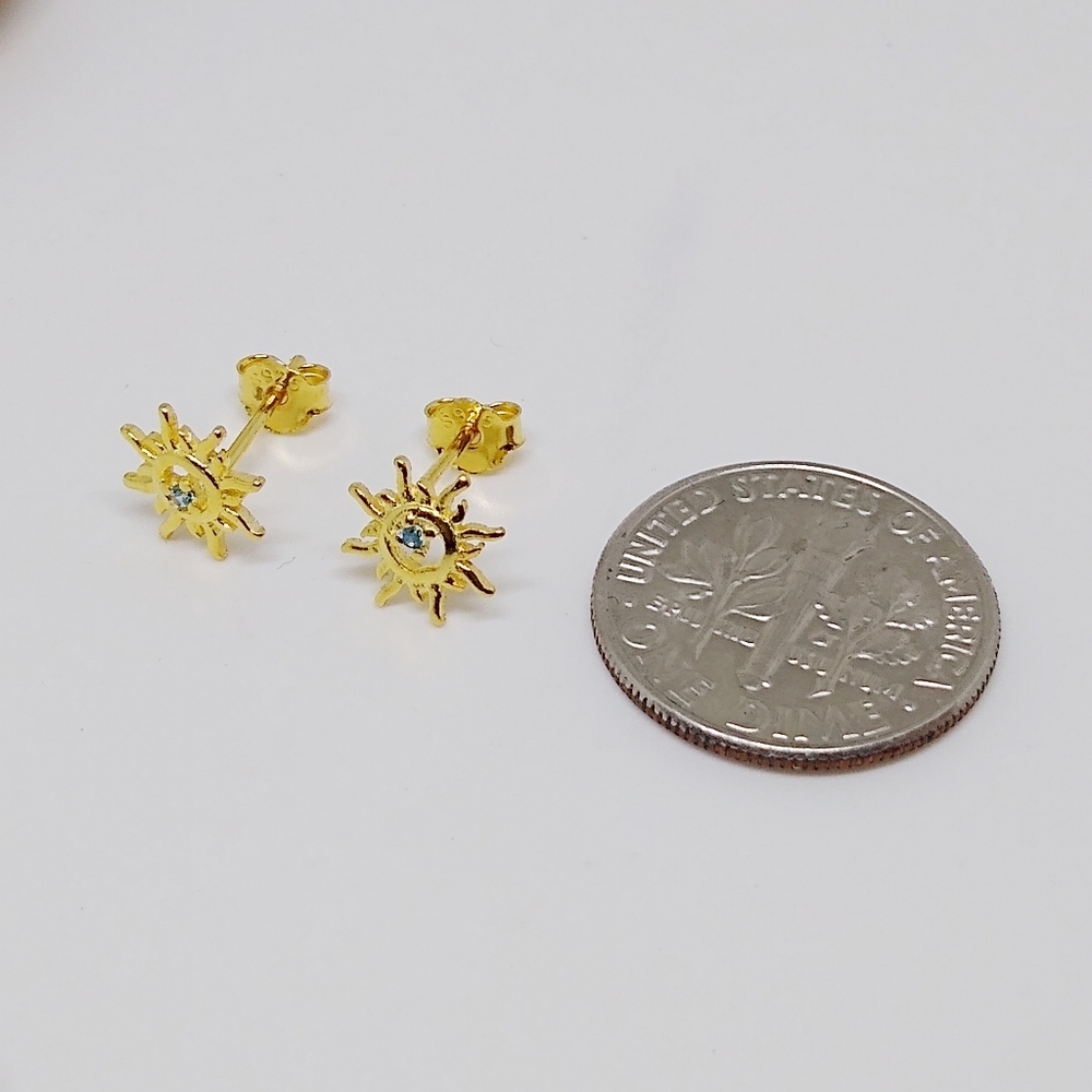 Tiny Dainty Gold CZ Sun Stud Earrings - Picture 4 of 7